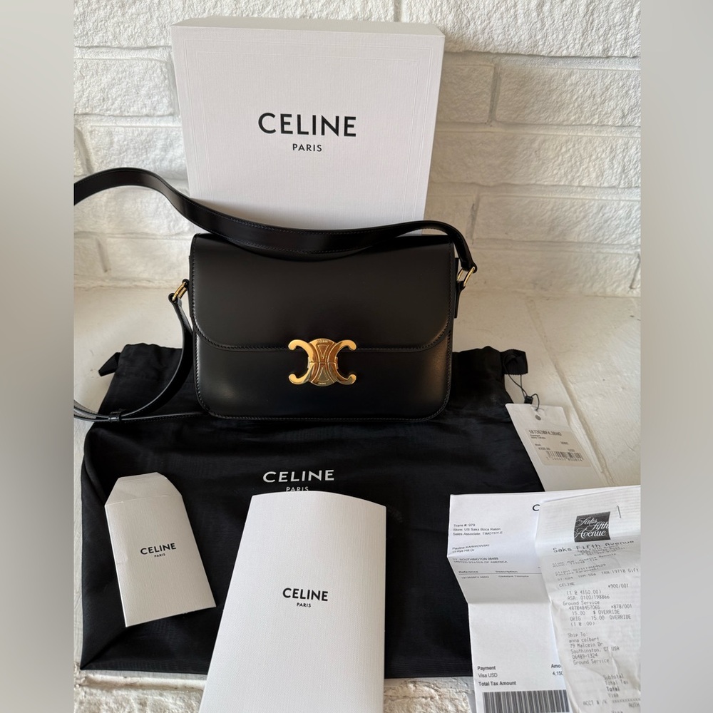 Celine Thriomphe Classique Medium Black handbag with Gold Accent 4500$